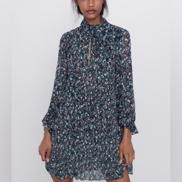 Zara Floral Blue Black Floral Tie Neck Pleated Plisse Mini Dress - Picture 1 of 11